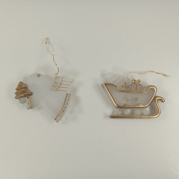5 New Acrylic Plastic Christmas Ornaments w/ Gold Paint Accents: Sleigh, Snowman - Picture 2 of 6